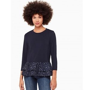 NWT KATE SPADE Top Star Print Tiered Ruffle Peplum 3/4 Sleeve in Navy Size M